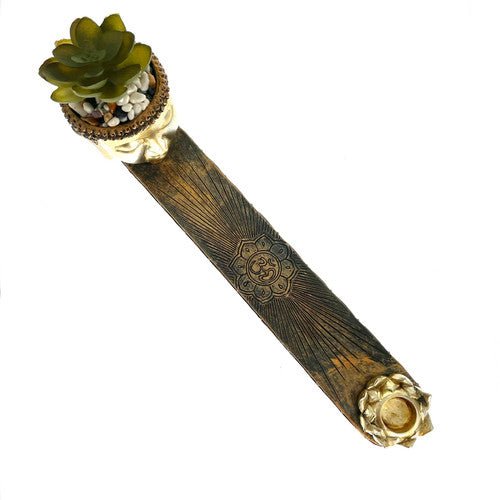 12.5" Gold Buddha Incense Burner with Succulent - TPCSUPPLYCO