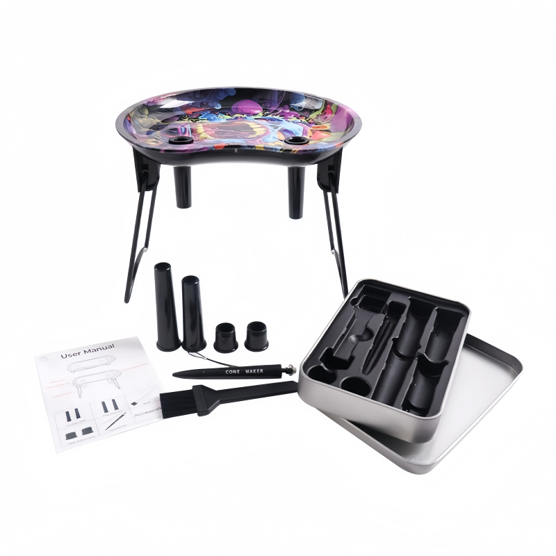 Black Tray Set Smoking Multifunctional Stand up Rolling Tray with Roll Cone Filling Function
