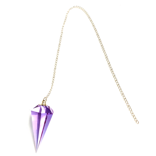 Neutralizing Lilac Cut Crystal Pendulum on Silver Chain .75" x 1.86" x 13" Long