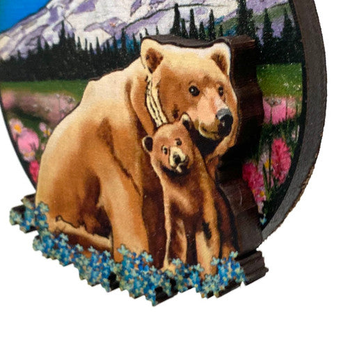 Alaska Grizzly Bear And Cub Ornament Printed and Cut Layered Cedar USA 3.3"