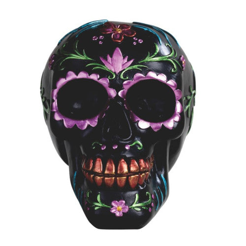 Black Sugar Skull with Pink and Purple Tattoos 6.25"W
