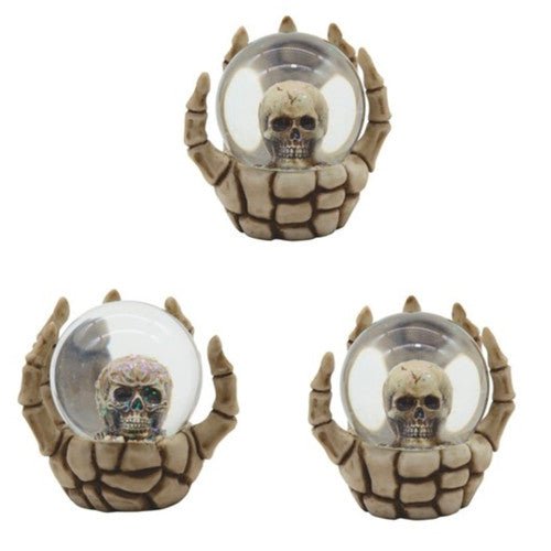 Skull Snow Globe in Skeleton Hand 3 Piece Set 3 3/4"W - TPCSUPPLYCO