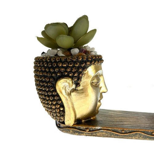 12.5" Gold Buddha Incense Burner with Succulent - TPCSUPPLYCO