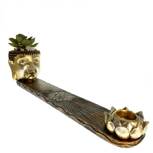 12.5" Gold Buddha Incense Burner with Succulent - TPCSUPPLYCO