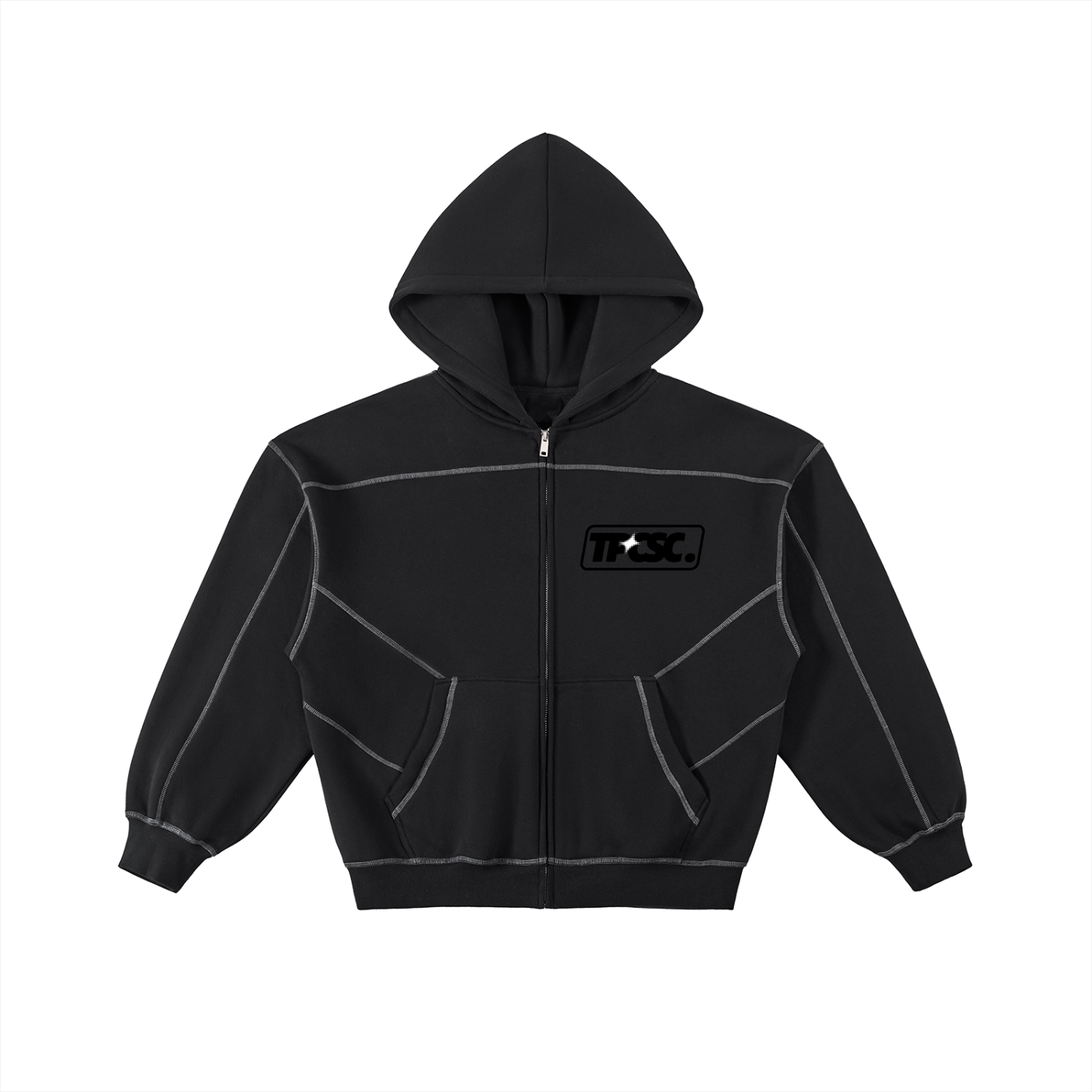 Contrast-Stitched Boxy Fleece Zip Hoodie