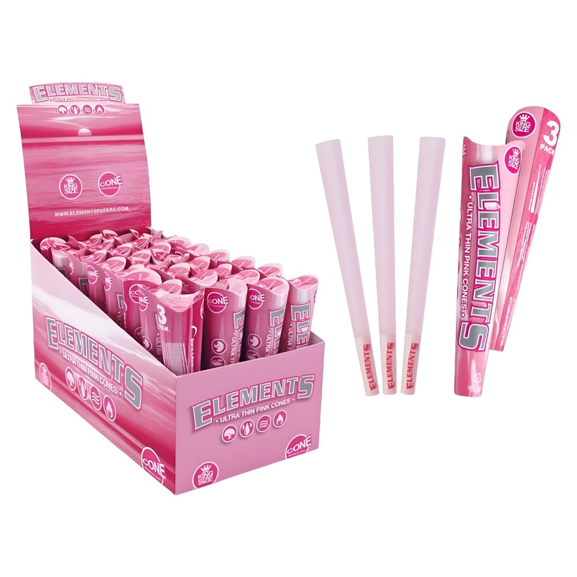 Elements Pink King Size Pre-Rolled Cones 3/pk 32ct/bx