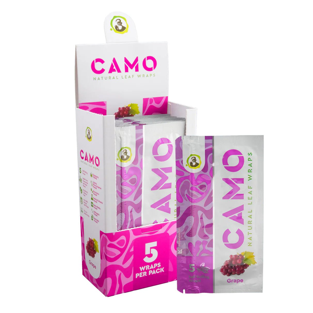 Camo Natural Leaf Wraps Self - Rolling 5PK/25CT - Grape - TPCSUPPLYCO