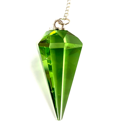 Powerful Green Cut Crystal Pendulum on Silver Chain .75" x 1.86" x 13" Long