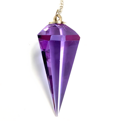 Neutralizing Lilac Cut Crystal Pendulum on Silver Chain .75" x 1.86" x 13" Long