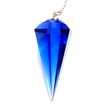 Calming Saphire Cut Crystal Pendulum on Silver Chain .75" x 1.86" x 13" Long