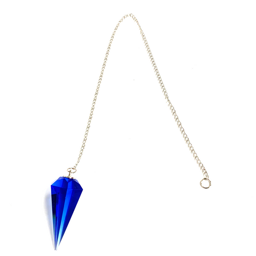 Calming Saphire Cut Crystal Pendulum on Silver Chain .75" x 1.86" x 13" Long