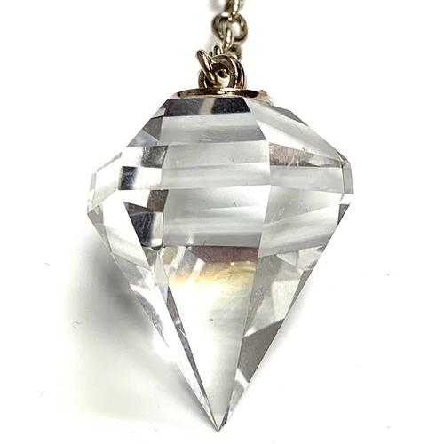 Clarity Clear Cut Crystal Pendulum on Silver Chain 1.07" x 1.6" x 11" Long