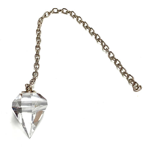 Clarity Clear Cut Crystal Pendulum on Silver Chain 1.07" x 1.6" x 11" Long