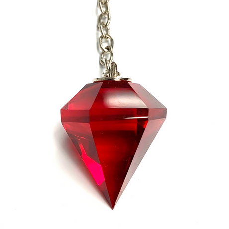 Bold Red Cut Crystal Pendulum on Silver Chain 1.07" x 1.6" x 11" Long