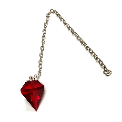 Bold Red Cut Crystal Pendulum on Silver Chain 1.07" x 1.6" x 11" Long