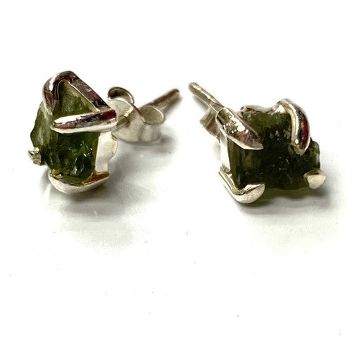 Real Moldavite Rough Studs 925 Sterling Silver Earrings 1 Pair