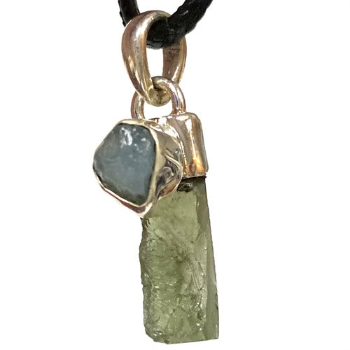 Moldavite and Aquamarine Rough Sterling Silver Pendant