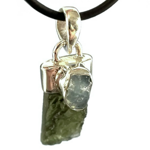 Moldavite and Aquamarine Rough Sterling Silver Pendant