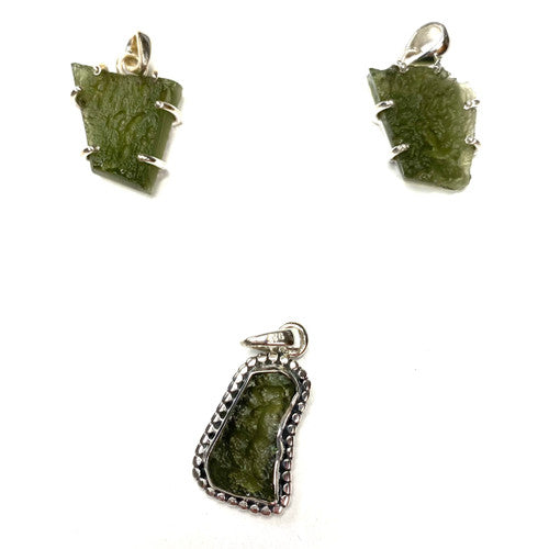 Rough Base Genuine Moldavite Pendant Rough Sterling Silver 1 Piece Assorted 3-3.5gm