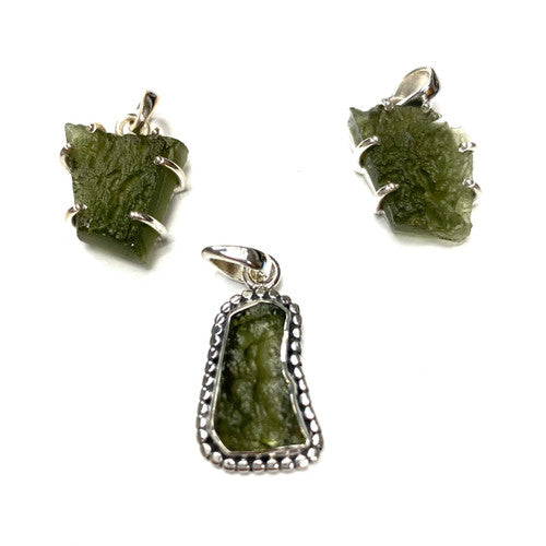 Rough Base Genuine Moldavite Pendant Rough Sterling Silver 1 Piece Assorted 3-3.5gm