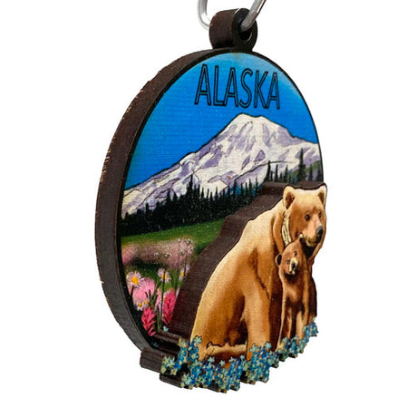 Alaska Grizzly Bear And Cub Ornament Printed and Cut Layered Cedar USA 3.3"