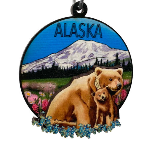 Alaska Grizzly Bear And Cub Ornament Printed and Cut Layered Cedar USA 3.3"