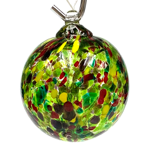 Heavy Worked Green, Yellow and Red Oil Slick Handblown Glass Witching Ball 5"+-