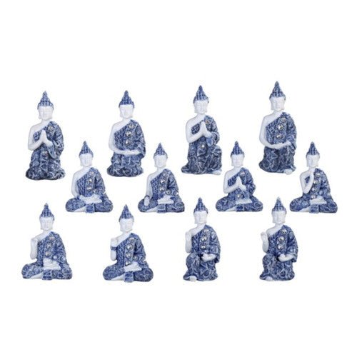 GS49469 Blue and White Mini Buddha 12 pc Set, 3 1/2" high - TPCSUPPLYCO