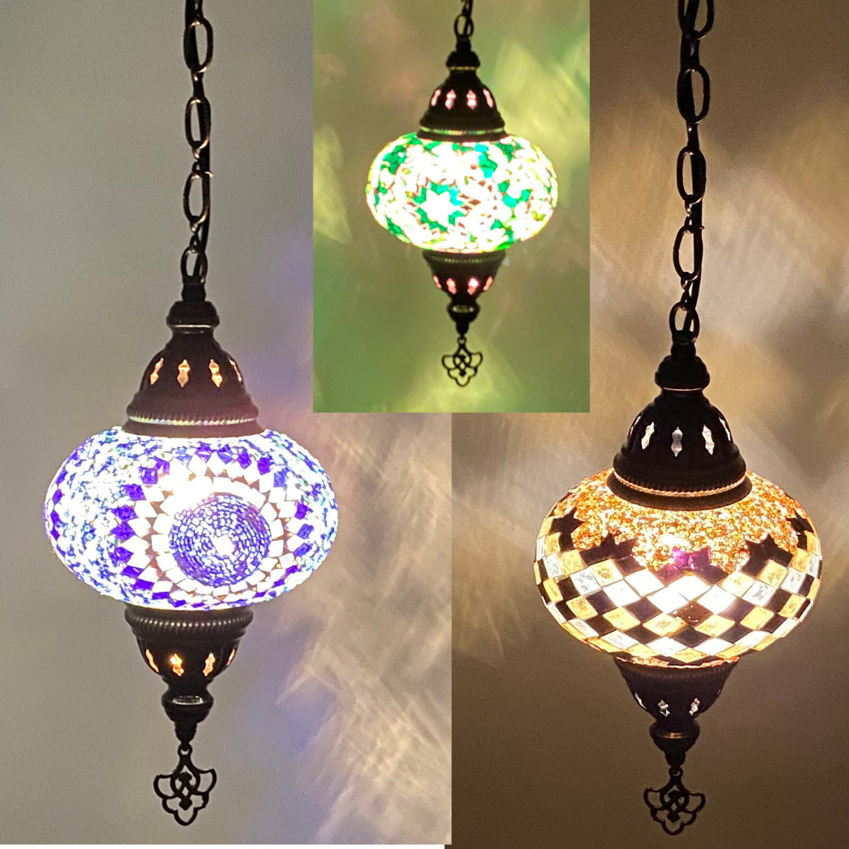 Turkish Mosaic Lantern Hanging Single Chain B3S - 6"x24" - B3S - Assorted Colors