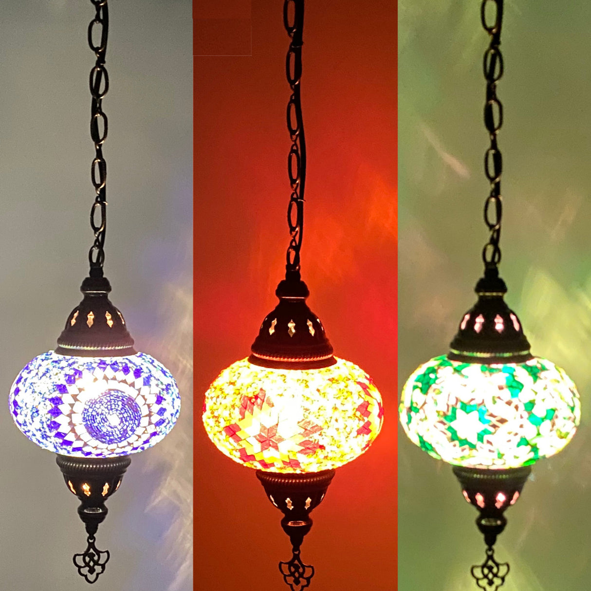Turkish Mosaic Lantern Hanging Single Chain B3S - 6"x24" - B3S - Assorted Colors