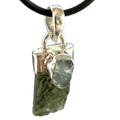 Moldavite and Aquamarine Rough Sterling Silver Pendant - TPCSUPPLYCO