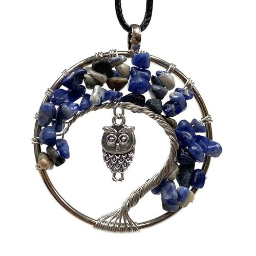 Owl in the Tree of Life Pendant Necklace Bronze Wire Wrap Stones 2" x 2" - TPCSUPPLYCO