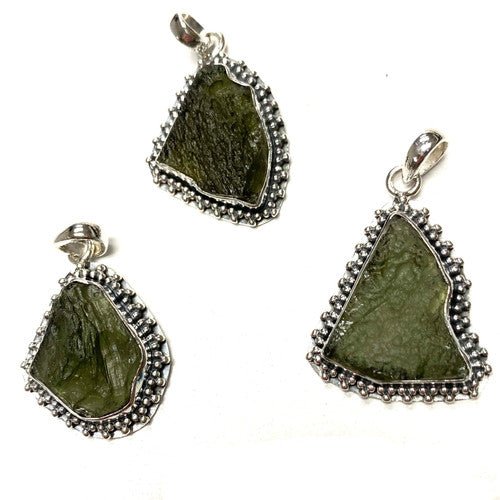 Rough Base Genuine Moldavite Pendant Rough Sterling Silver 1 Piece Assorted 5 - 5.6gm - TPCSUPPLYCO