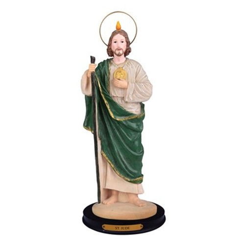 Saint. St. Jude Green Robe and Staff 16" Tall Statue - TPCSUPPLYCO