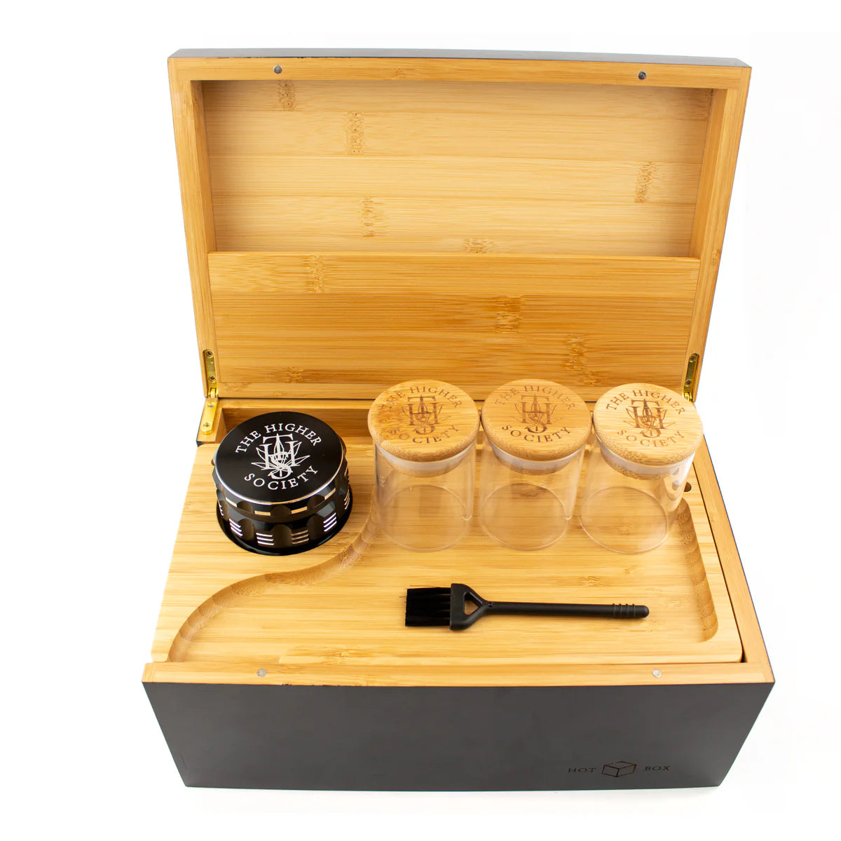 The HIgher Society Hot Box w/ Tray Grinder & Jars - Black