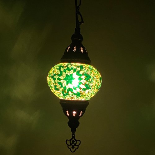 Turkish Mosaic Lantern Hanging Single Chain - 5"x23.5" - B2S - Green - TPCSUPPLYCO