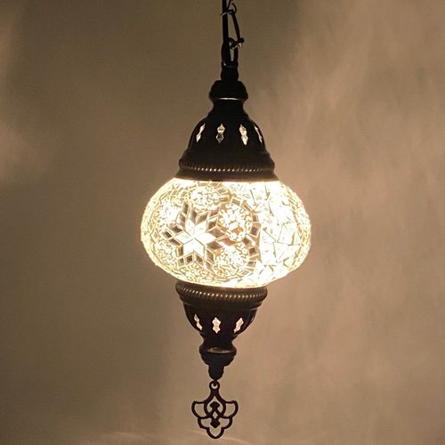 Turkish Mosaic Lantern Hanging Single Chain - 5"x23.5" - B2S - White - TPCSUPPLYCO