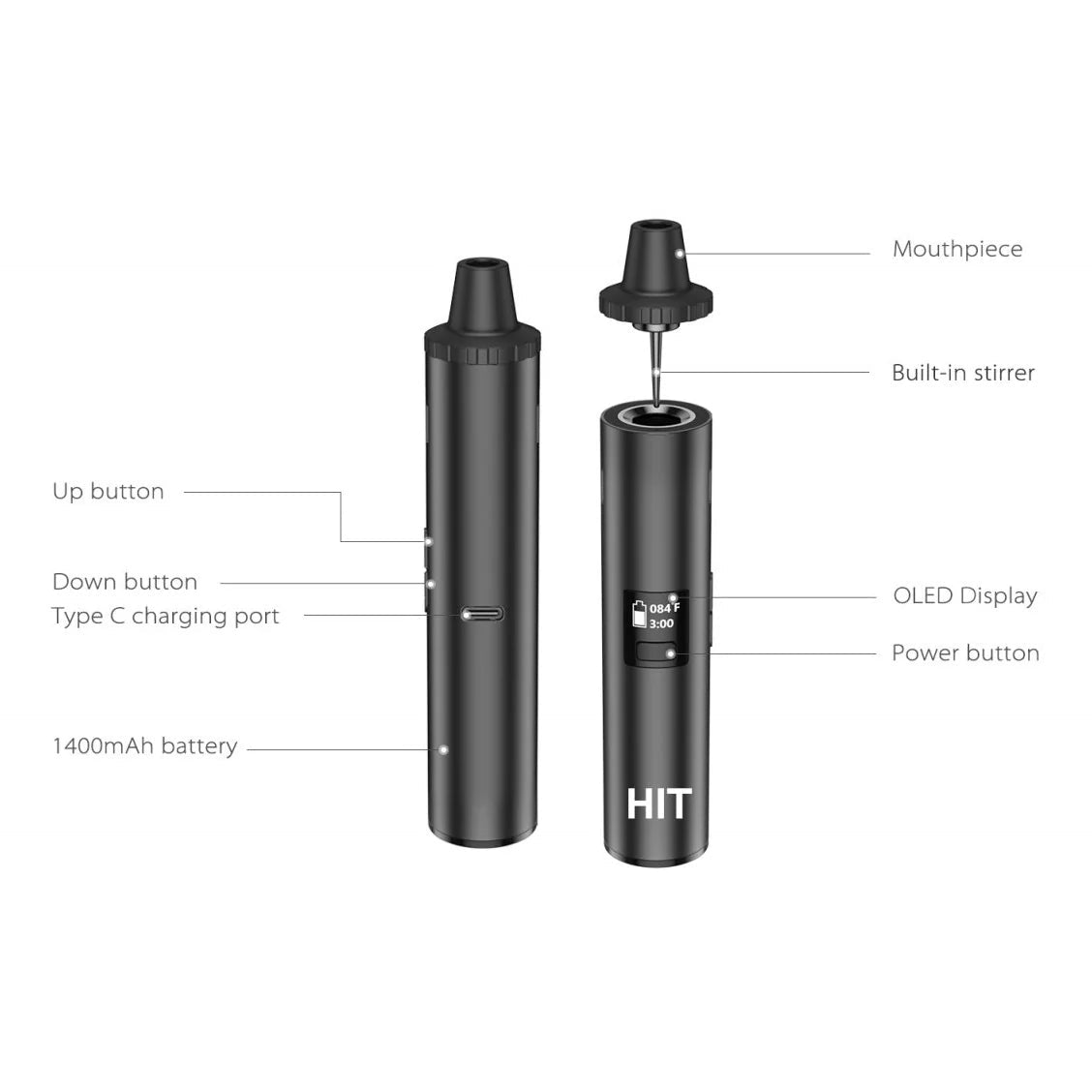 Yocan HIT 1400mAh Dry Herb Vaporizer - Black - TPCSUPPLYCO